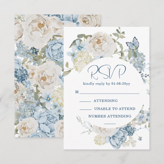 Romantic Dusty Blue Watercolor Floral Wedding RSVP (Front/Back)