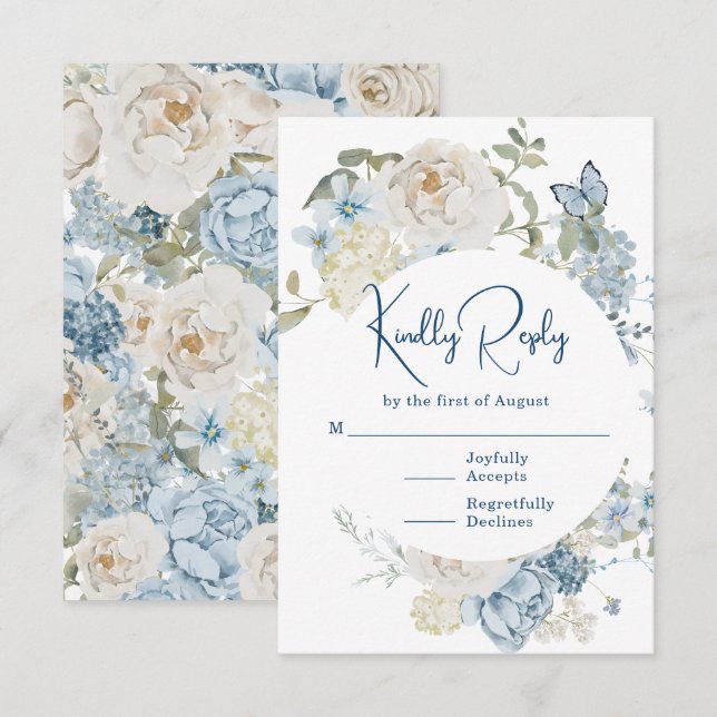 Romantic Dusty Blue Watercolor Floral Wedding RSVP Card (Front/Back)