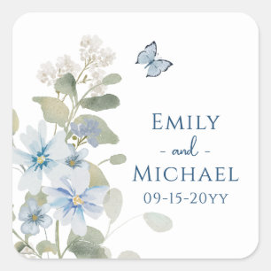 Romantic Dusty Blue Watercolor Floral Wedding Square Sticker
