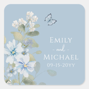 Romantic Dusty Blue Watercolor Floral Wedding Square Sticker
