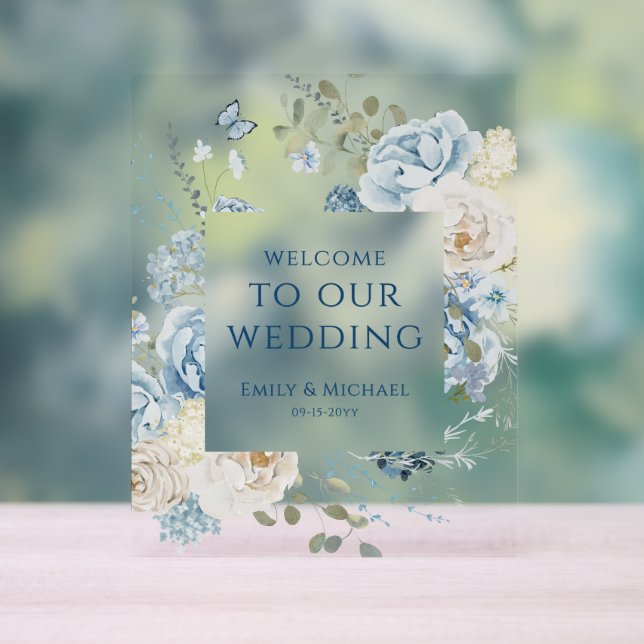 Romantic Dusty Blue Welcome Floral Wedding Acrylic Sign (Neutral)