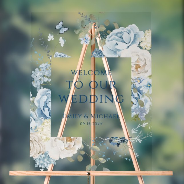 Romantic Dusty Blue Welcome Floral Wedding Acrylic Sign (Neutral)