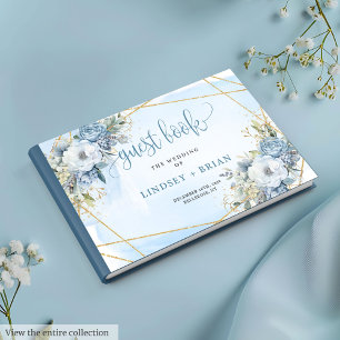 Romantic Dusty Blue White Gold Flowers Guest Book