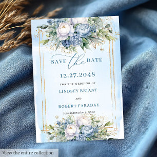 Romantic Dusty Blue White Gold Peonies Save Date Invitation