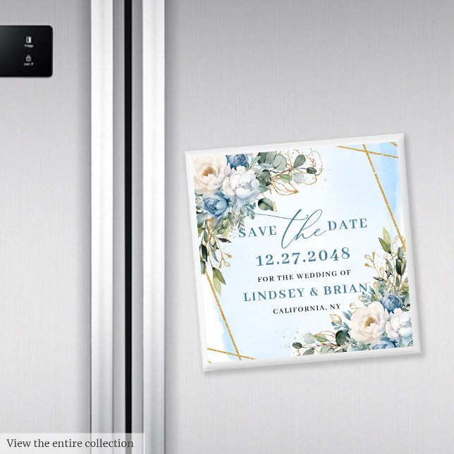 Romantic Dusty Blue White Peonies Save the Date Magnet (Romantic Dusty Blue White Peonies Save the Date)