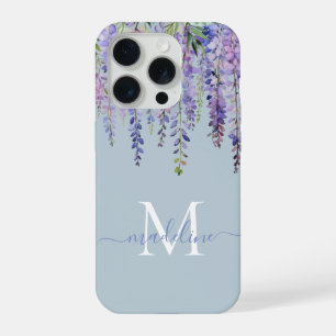 Romantic Dusty Blue Wisteria Monogram Script Name iPhone 15 Pro Case