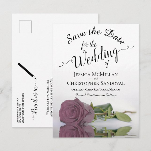 Romantic Dusty Mauve Rose Wedding Save the Date Announcement Postcard (Front/Back)