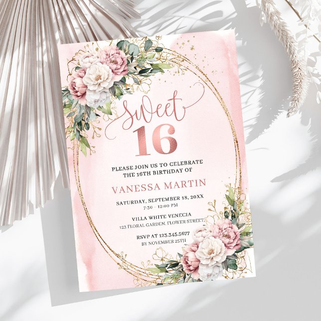 Romantic Dusty Pink Floral Greenery Sweet Sixteen Invitation (Romantic Dusty Pink Floral Greenery Sweet Sixteen)