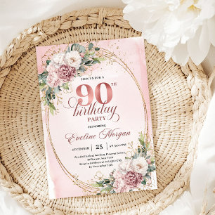 Romantic Dusty Pink Gold Eucalyptus 90th Birthday  Invitation
