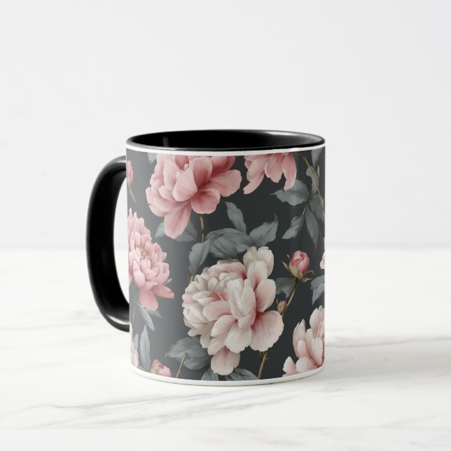 Romantic Dusty Pink Peony Grey Floral Pattern Mug (Front Left)