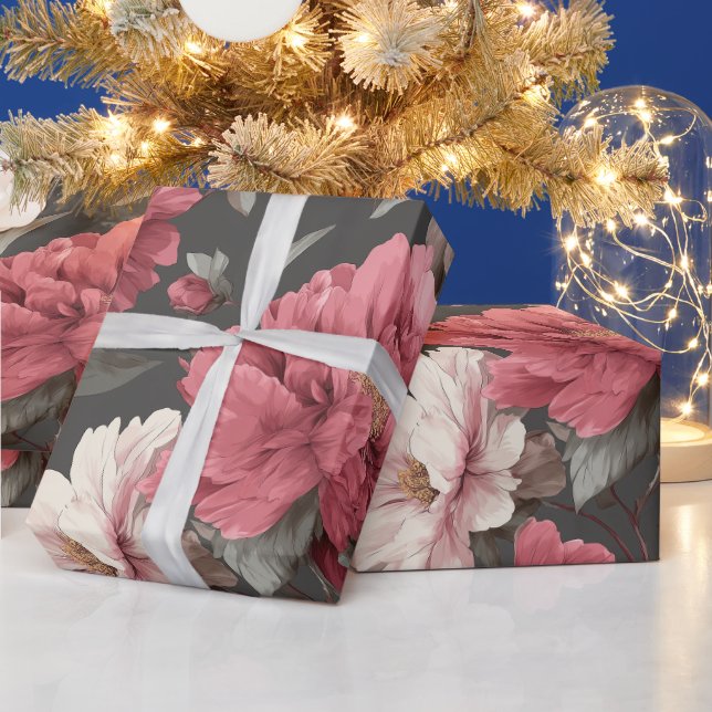 Romantic Dusty Pink Peony Grey Floral Pattern Wrapping Paper (Holidays)