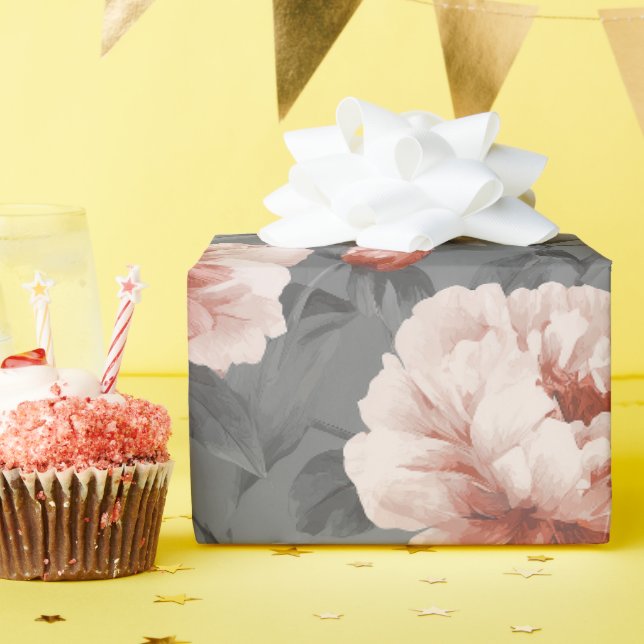 Romantic Dusty Pink Peony Grey Floral Pattern Wrapping Paper (Birthday Party)