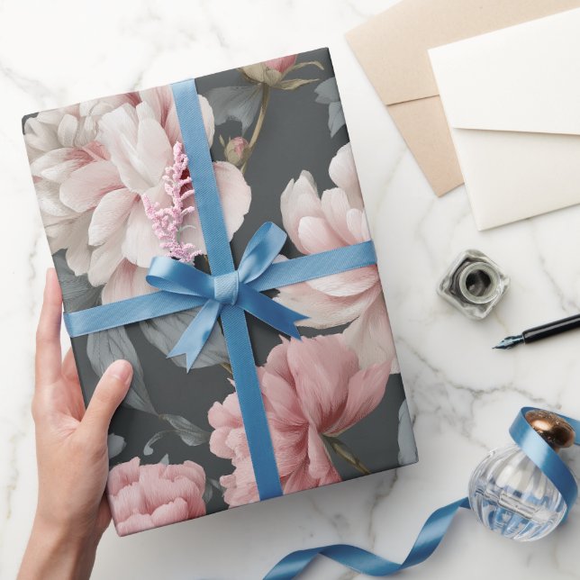 Romantic Dusty Pink Peony Grey Floral Pattern Wrapping Paper (Gifting)