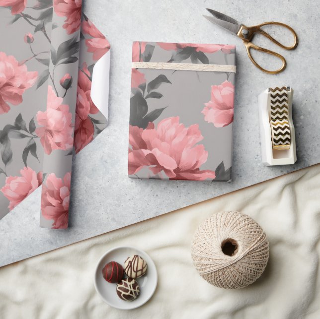 Romantic Dusty Pink Peony Grey Floral Pattern Wrapping Paper (Crafts)