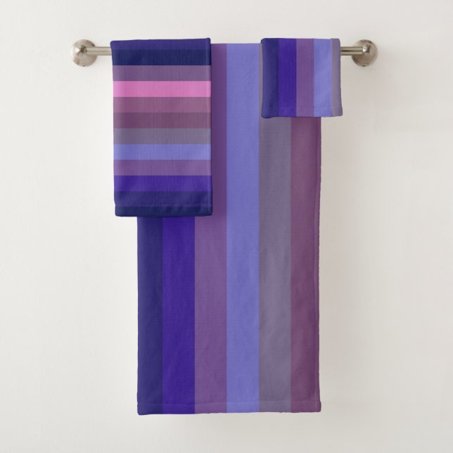 Romantic Dusty Plum & Navy Stripe Pattern Bath Towel Set (Insitu)