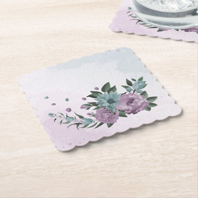 romantic dusty purple and blue flowers  paper coaster (Angled)