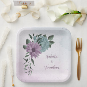 romantic dusty purple and blue flowers paper plate