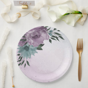 romantic dusty purple and blue flowers  paper plate