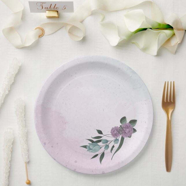 romantic dusty purple and blue flowers  paper plate (Wedding)