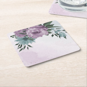 romantic dusty purple and blue flowers square paper coaster
