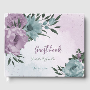 romantic dusty purple and blue flowers wedding guest book