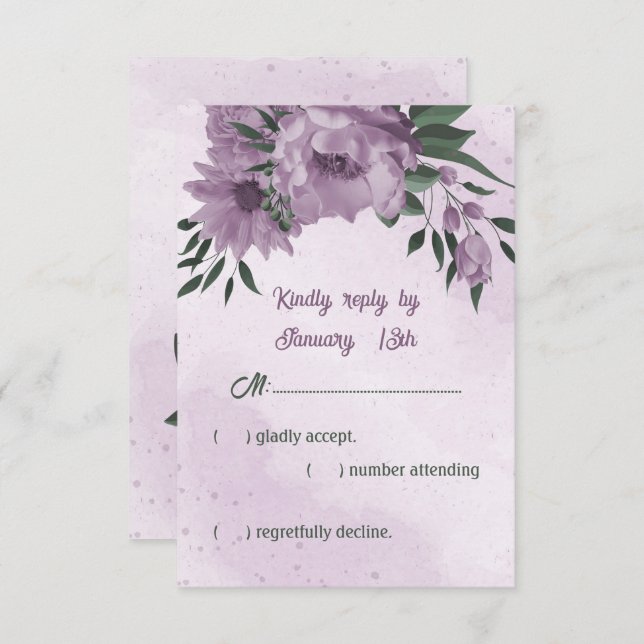 romantic dusty purple flowers green leaves wedding RSVP card (Front/Back)