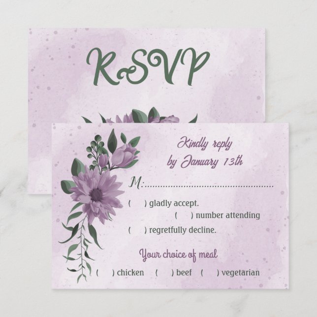 romantic dusty purple flowers greenery meal choice RSVP card (Front/Back)