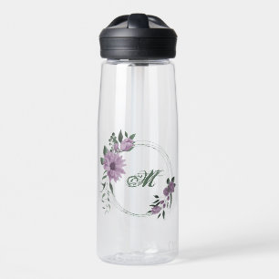 romantic dusty purple flowers greenery water bottle