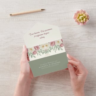 Romantic Dusty Rose Peony Floral Wedding All In One Invitation