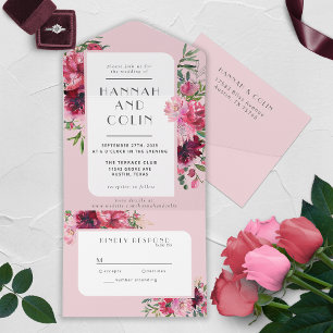 Romantic Dusty Rose Peony Modern Frame All In One  Invitation