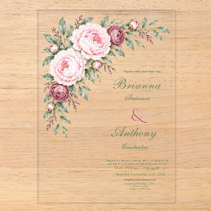 Romantic Dusty Rose Pink Peony Botanical Wedding Acrylic Invitations
