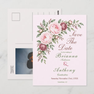 Romantic dusty rose pink peony botanical wedding postcard
