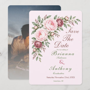 Romantic dusty rose pink peony botanical wedding save the date