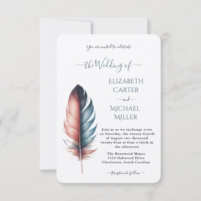 Romantic Dusty Rose Teal Feather  Wedding Invitation (Front)