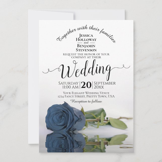 Romantic Dusty Steel Blue Rose Elegant Wedding Invitation (Front)
