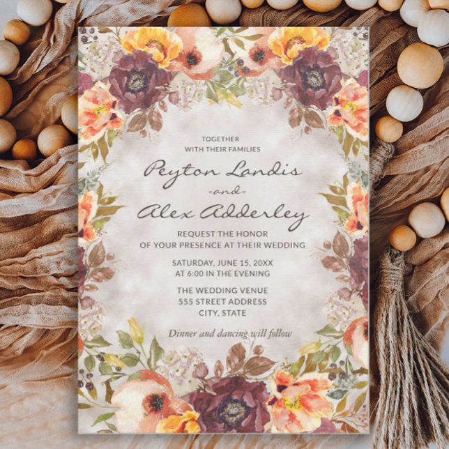 Romantic Earthy Tones Fall Autumn Floral Wedding I Invitation (Rust and orange watercolor floral wedding invitation for fall weddings)