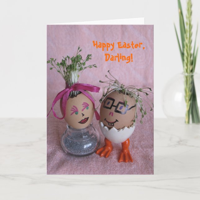 Romantic Easter Eggmen Couple Eggs with Hair Serie Holiday Card (Front)