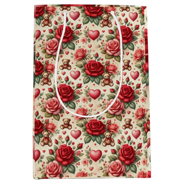 Romantic Elegance: Roses and Hearts Medium Gift Bag (Front)