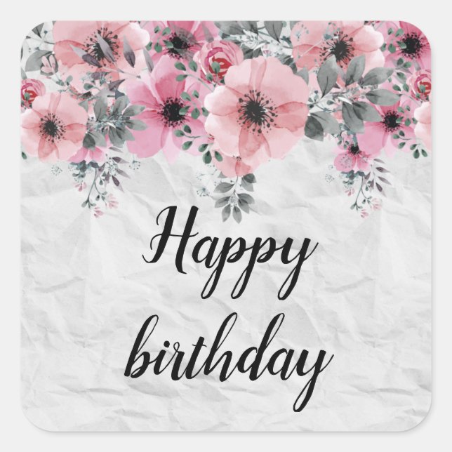 Romantic Elegant Antique Floral Happy Birthday Square Sticker (Front)