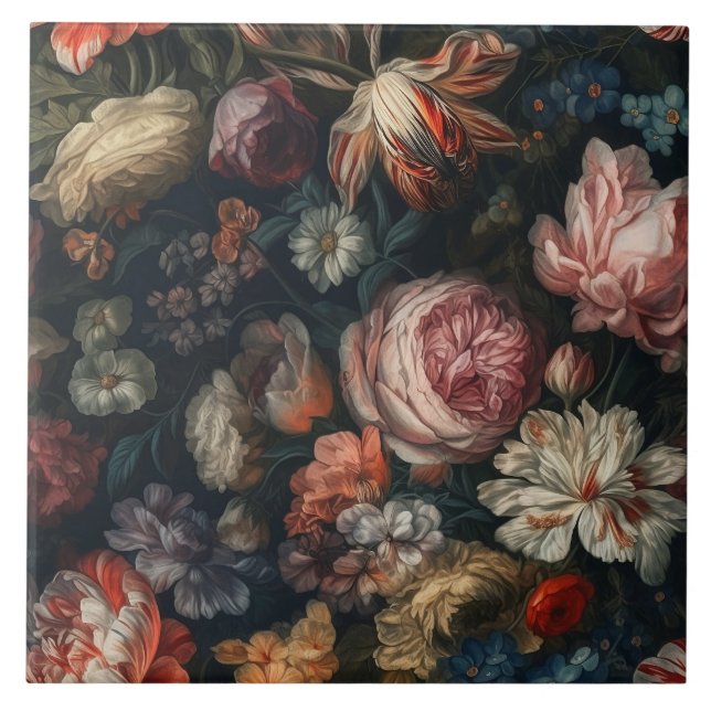 Romantic Elegant Baroque Flowers Oil Painting Tile (Front)