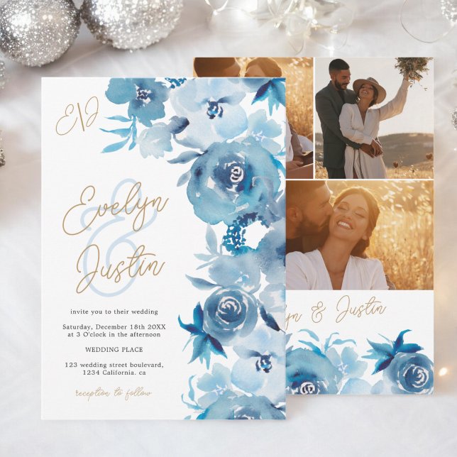 Romantic Elegant blue Floral Watercolor Wedding Invitation (Romantic Elegant blue Floral Watercolor Wedding Invitation)