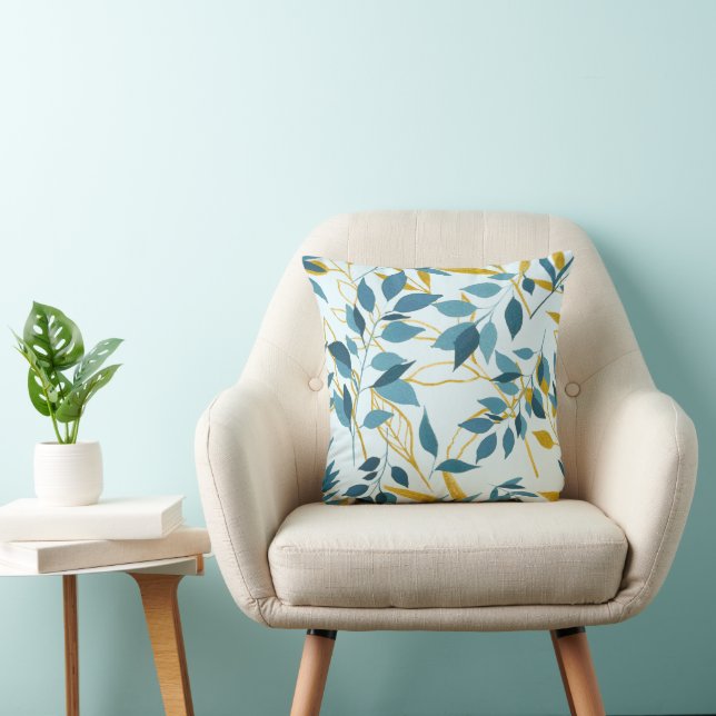 Romantic Elegant Blue Gold Leaf  Wedding Cushion (Chair)