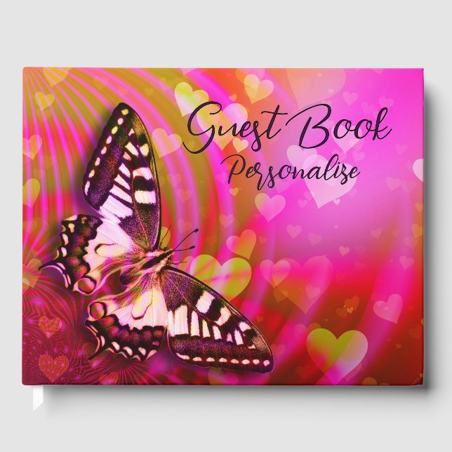 Romantic Elegant Butterfly & Hearts Personalised Guest Book (Front)