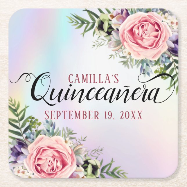 Romantic Elegant Charming Floral Quinceañera Square Paper Coaster (Front)