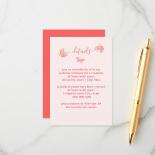 Romantic elegant coral pink butterflies wedding enclosure card