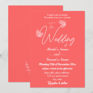 Romantic elegant coral pink butterflies wedding invitation