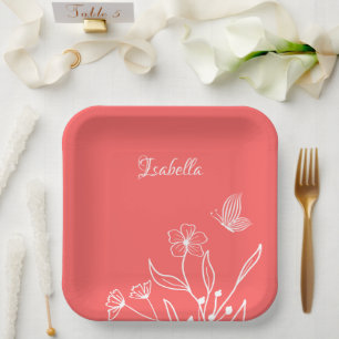 Romantic elegant coral pink floral  paper plate