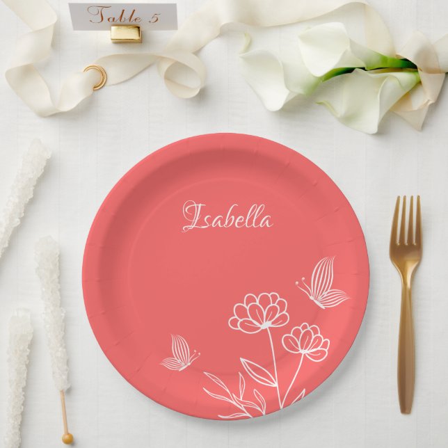 Romantic elegant coral pink floral  paper plate (Wedding)