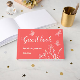 Romantic elegant coral pink floral wedding guest book