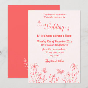 Romantic elegant coral pink floral wedding invitation